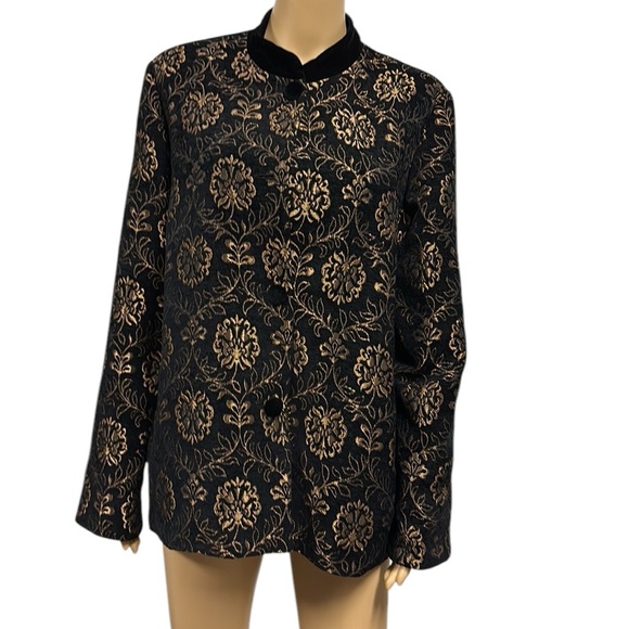 Laura Ashley Black Bronze Tapestry and Velvet Button Up Peacoat Jacket Womens L - Picture 3 of 13